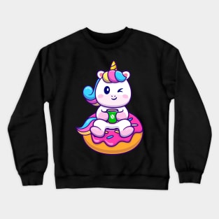 Cute Unicorn With Cofee And Doughnut Cartoon Crewneck Sweatshirt